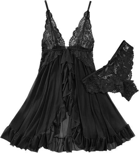Lilosy Sexy Open Front Closure Floral Lace Mesh Sheer Babydoll Lingerie Dress with Thong 2 Piece in Kuwait