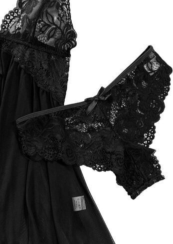 Lilosy Sexy Open Front Closure Floral Lace Mesh Sheer Babydoll Lingerie Dress with Thong 2 Piece in Kuwait