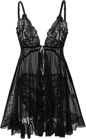 Lilosy Sexy Open Front Closure Floral Lace Mesh Sheer Babydoll Lingerie Dress with Thong 2 Piece in Kuwait