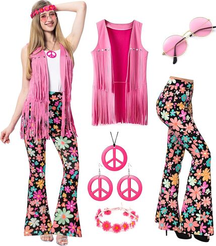 MOLLDAN Women’s 60S 70S Outfits Hippie Costume Retro Peace Sign Fringe Vest Flared Pants Set for Halloween Party in Saudi Arabia
