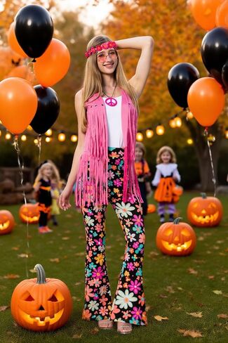 MOLLDAN Women’s 60S 70S Outfits Hippie Costume Retro Peace Sign Fringe Vest Flared Pants Set for Halloween Party in Saudi Arabia