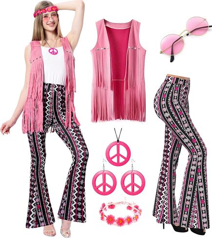 MOLLDAN Women’s 60S 70S Outfits Hippie Costume Retro Peace Sign Fringe Vest Flared Pants Set for Halloween Party in Saudi Arabia