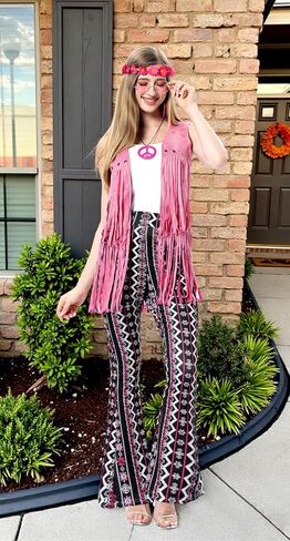 MOLLDAN Women’s 60S 70S Outfits Hippie Costume Retro Peace Sign Fringe Vest Flared Pants Set for Halloween Party in Saudi Arabia