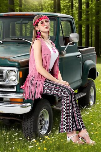 MOLLDAN Women’s 60S 70S Outfits Hippie Costume Retro Peace Sign Fringe Vest Flared Pants Set for Halloween Party in Saudi Arabia
