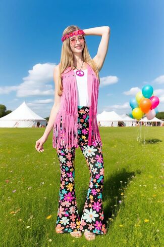 MOLLDAN Women’s 60S 70S Outfits Hippie Costume Retro Peace Sign Fringe Vest Flared Pants Set for Halloween Party in Saudi Arabia