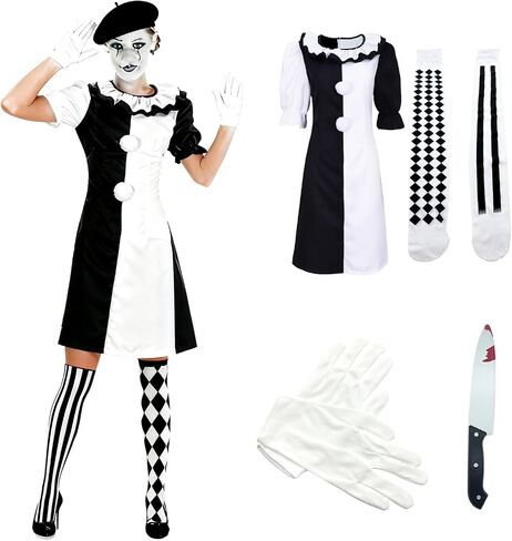Women's Horror Clown Costume Jumpsuit Black and White Dress Set Movie Themed Outfit for Halloween Killer Clown Costume Outfit in Saudi Arabia