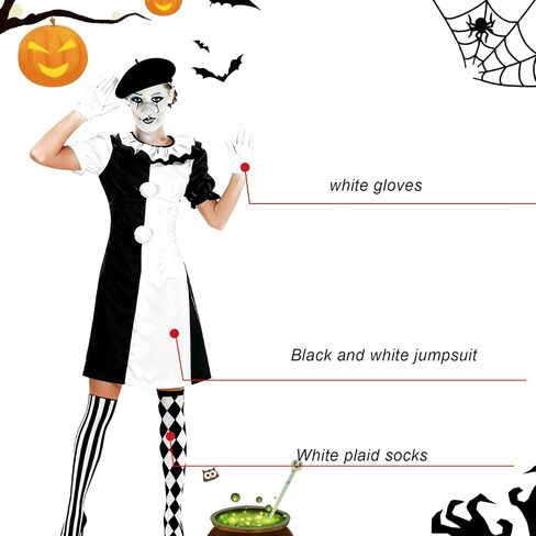 Women's Horror Clown Costume Jumpsuit Black and White Dress Set Movie Themed Outfit for Halloween Killer Clown Costume Outfit in Saudi Arabia