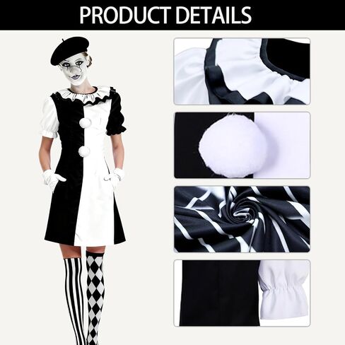 Women's Horror Clown Costume Jumpsuit Black and White Dress Set Movie Themed Outfit for Halloween Killer Clown Costume Outfit in Saudi Arabia