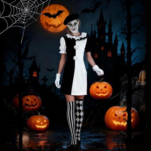 Women's Horror Clown Costume Jumpsuit Black and White Dress Set Movie Themed Outfit for Halloween Killer Clown Costume Outfit in Saudi Arabia