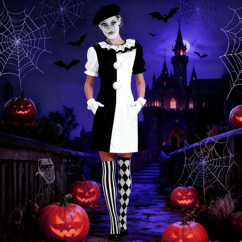 Women's Horror Clown Costume Jumpsuit Black and White Dress Set Movie Themed Outfit for Halloween Killer Clown Costume Outfit in Saudi Arabia