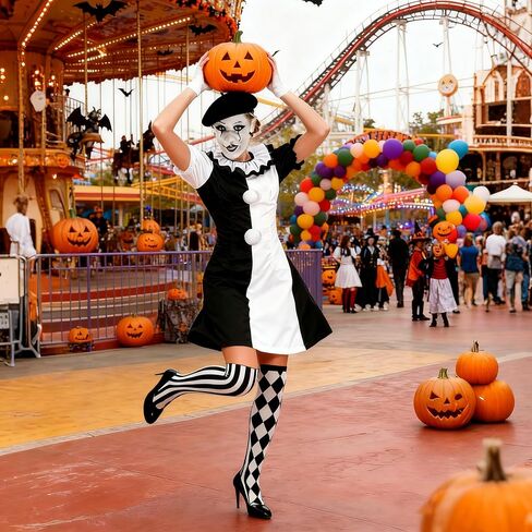 Women's Horror Clown Costume Jumpsuit Black and White Dress Set Movie Themed Outfit for Halloween Killer Clown Costume Outfit in Saudi Arabia