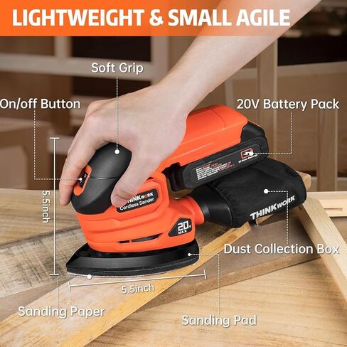 Sander التفاصيل اللاسلكية - Thinkwork 20V Hand Hand Sander للأعمال الخشبية مع جامع الغبار ، وأداة Sander 12000 OPM مع Sanderpapers 21pcs للصنفرة ، والتلميع in Kuwait