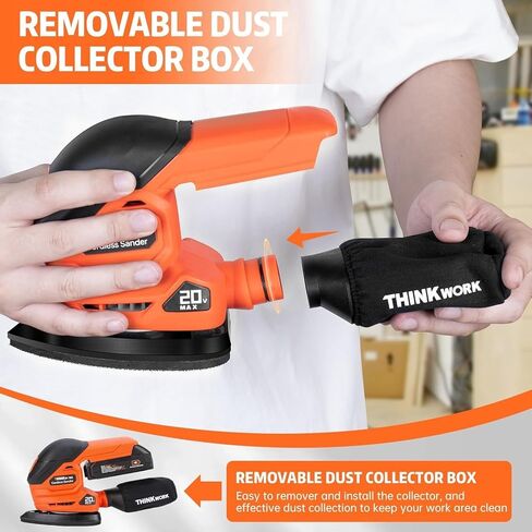 Sander التفاصيل اللاسلكية - Thinkwork 20V Hand Hand Sander للأعمال الخشبية مع جامع الغبار ، وأداة Sander 12000 OPM مع Sanderpapers 21pcs للصنفرة ، والتلميع in Kuwait