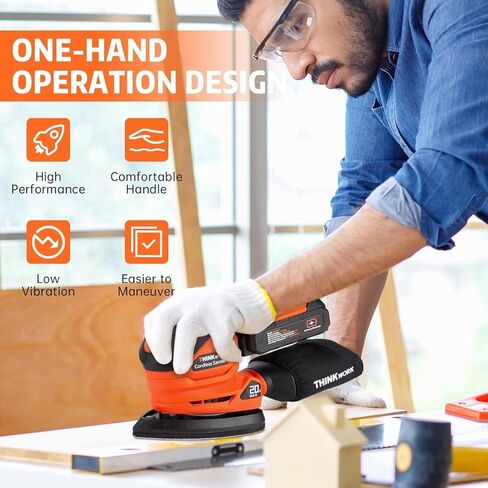 Sander التفاصيل اللاسلكية - Thinkwork 20V Hand Hand Sander للأعمال الخشبية مع جامع الغبار ، وأداة Sander 12000 OPM مع Sanderpapers 21pcs للصنفرة ، والتلميع in Kuwait
