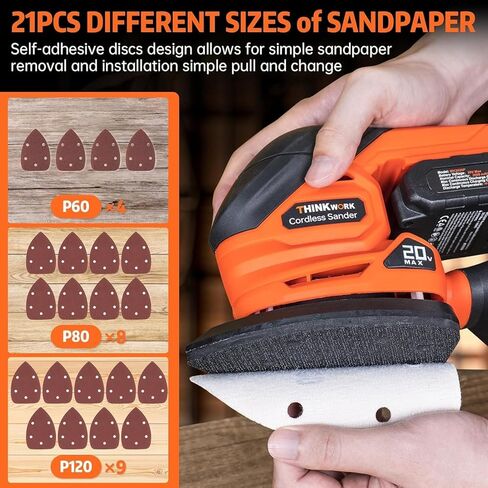 Sander التفاصيل اللاسلكية - Thinkwork 20V Hand Hand Sander للأعمال الخشبية مع جامع الغبار ، وأداة Sander 12000 OPM مع Sanderpapers 21pcs للصنفرة ، والتلميع in Kuwait