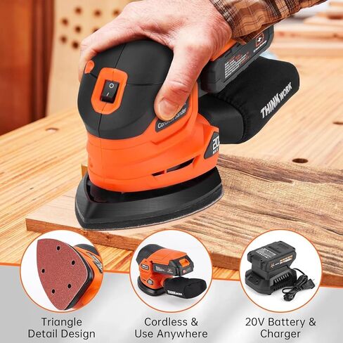 Sander التفاصيل اللاسلكية - Thinkwork 20V Hand Hand Sander للأعمال الخشبية مع جامع الغبار ، وأداة Sander 12000 OPM مع Sanderpapers 21pcs للصنفرة ، والتلميع in Kuwait