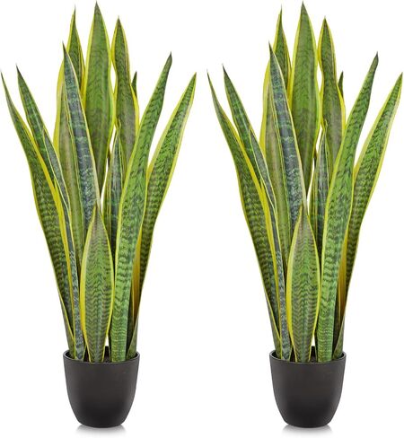 Hollyone 2 مجموعة نبات الأفعى الاصطناعي بوعاء، 28 بوصة فو Sansevieria Trifasciata نباتات كبيرة طويلة القامة الاستوائية وهمية شجرة النباتات الأفعى في وعاء أسود للمنزل مكتب غرفة فناء حديقة ديكور داخلي في الهواء الطلق in Kuwait