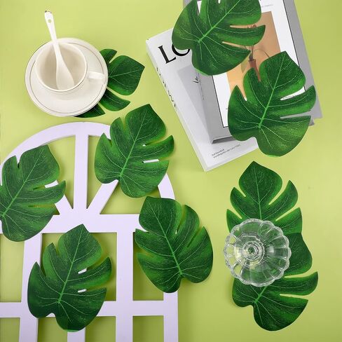 Yolev 70pcs Fake Palm Leaves 6 Inch Artificial Tropical Monstera Leaves Decor Mini Green Palm Leaf for Hawaiian Palms Sunday Safari Jungle Theme Luau Dinosaur Theme Party Table Decoration Wedding in Saudi Arabia