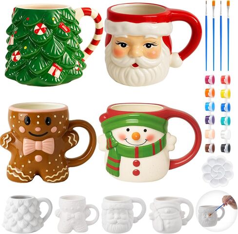LOYIM Set of 4 Christmas Paint Your Own Mugs Christmas Ceramic to Paint Santa Snowman Elk Penguin DIY Coloring Mug Craft Kit with Paints, Brushes, Palette for Xmas Activities Art Favor Decoration in Kuwait