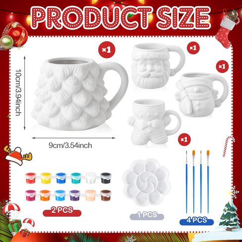 LOYIM Set of 4 Christmas Paint Your Own Mugs Christmas Ceramic to Paint Santa Snowman Elk Penguin DIY Coloring Mug Craft Kit with Paints, Brushes, Palette for Xmas Activities Art Favor Decoration in Kuwait