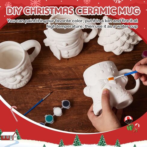 LOYIM Set of 4 Christmas Paint Your Own Mugs Christmas Ceramic to Paint Santa Snowman Elk Penguin DIY Coloring Mug Craft Kit with Paints, Brushes, Palette for Xmas Activities Art Favor Decoration in Kuwait