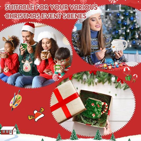 LOYIM Set of 4 Christmas Paint Your Own Mugs Christmas Ceramic to Paint Santa Snowman Elk Penguin DIY Coloring Mug Craft Kit with Paints, Brushes, Palette for Xmas Activities Art Favor Decoration in Kuwait