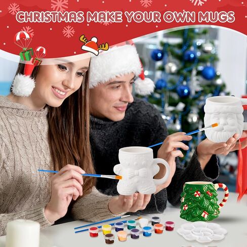 LOYIM Set of 4 Christmas Paint Your Own Mugs Christmas Ceramic to Paint Santa Snowman Elk Penguin DIY Coloring Mug Craft Kit with Paints, Brushes, Palette for Xmas Activities Art Favor Decoration in Kuwait