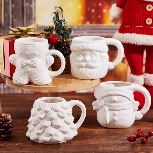 LOYIM Set of 4 Christmas Paint Your Own Mugs Christmas Ceramic to Paint Santa Snowman Elk Penguin DIY Coloring Mug Craft Kit with Paints, Brushes, Palette for Xmas Activities Art Favor Decoration in Kuwait