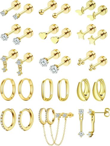 Small Gold Earrings Set for Women Stud Dangle Earring Stack for Multiple Piercing Non Tarnish Hypoallergenic Surgical Stainless Steel Stackable Chain Earrings Cartilage Hoops Earring Sets for Gift in Kuwait