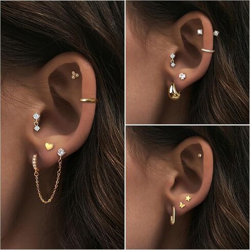 Small Gold Earrings Set for Women Stud Dangle Earring Stack for Multiple Piercing Non Tarnish Hypoallergenic Surgical Stainless Steel Stackable Chain Earrings Cartilage Hoops Earring Sets for Gift in Kuwait