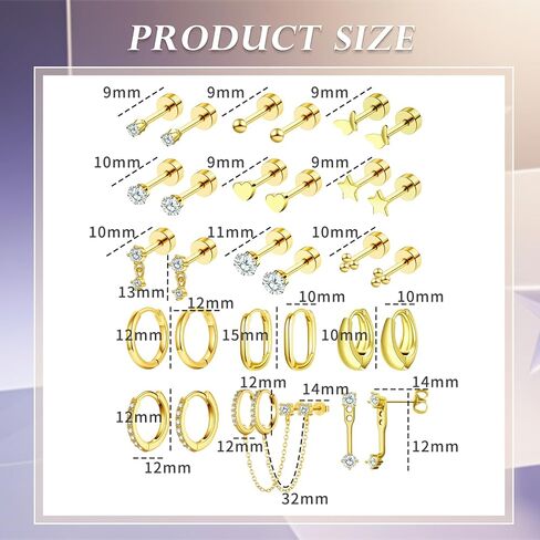 Small Gold Earrings Set for Women Stud Dangle Earring Stack for Multiple Piercing Non Tarnish Hypoallergenic Surgical Stainless Steel Stackable Chain Earrings Cartilage Hoops Earring Sets for Gift in Kuwait
