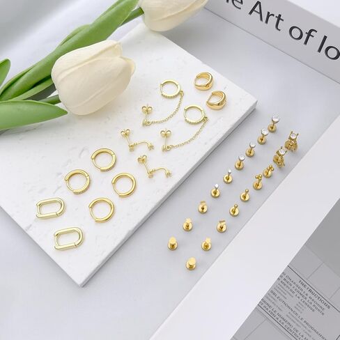 Small Gold Earrings Set for Women Stud Dangle Earring Stack for Multiple Piercing Non Tarnish Hypoallergenic Surgical Stainless Steel Stackable Chain Earrings Cartilage Hoops Earring Sets for Gift in Kuwait