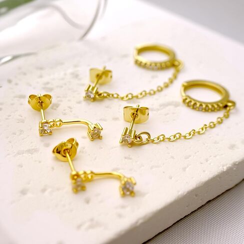 Small Gold Earrings Set for Women Stud Dangle Earring Stack for Multiple Piercing Non Tarnish Hypoallergenic Surgical Stainless Steel Stackable Chain Earrings Cartilage Hoops Earring Sets for Gift in Kuwait