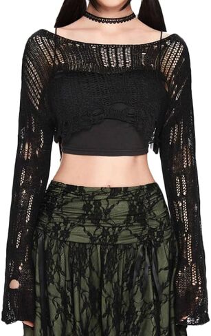 Women Fairy Grunge Boat Neck Crochet Knit Crop Sweater Y2k Drop Shoulder Bell Long Sleeve Hollow Out Pullover Top in Saudi Arabia