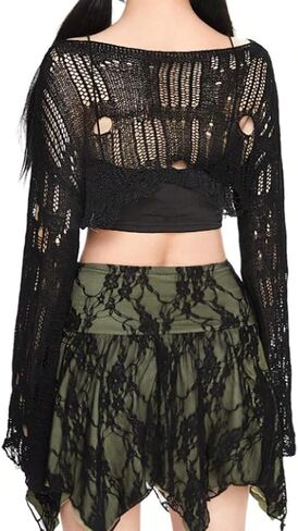 Women Fairy Grunge Boat Neck Crochet Knit Crop Sweater Y2k Drop Shoulder Bell Long Sleeve Hollow Out Pullover Top in Saudi Arabia