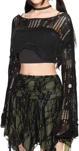 Women Fairy Grunge Boat Neck Crochet Knit Crop Sweater Y2k Drop Shoulder Bell Long Sleeve Hollow Out Pullover Top in Saudi Arabia