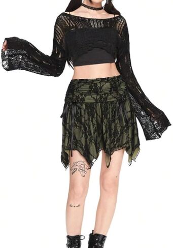Women Fairy Grunge Boat Neck Crochet Knit Crop Sweater Y2k Drop Shoulder Bell Long Sleeve Hollow Out Pullover Top in Saudi Arabia