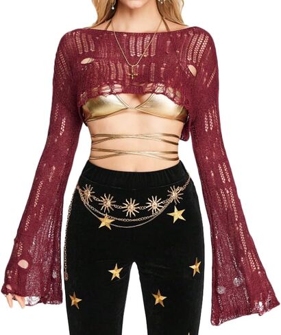 Women Fairy Grunge Boat Neck Crochet Knit Crop Sweater Y2k Drop Shoulder Bell Long Sleeve Hollow Out Pullover Top in Saudi Arabia