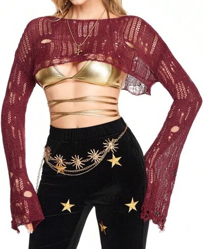 Women Fairy Grunge Boat Neck Crochet Knit Crop Sweater Y2k Drop Shoulder Bell Long Sleeve Hollow Out Pullover Top in Saudi Arabia