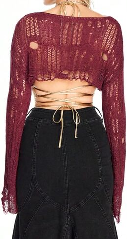 Women Fairy Grunge Boat Neck Crochet Knit Crop Sweater Y2k Drop Shoulder Bell Long Sleeve Hollow Out Pullover Top in Saudi Arabia