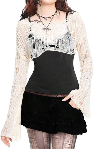 Women Fairy Grunge Boat Neck Crochet Knit Crop Sweater Y2k Drop Shoulder Bell Long Sleeve Hollow Out Pullover Top in Saudi Arabia