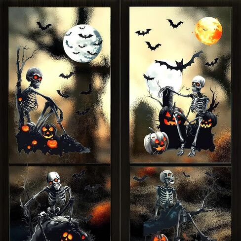 4 Sheets Halloween Window Clings Stickers, Skeleton Skull Pumpkin Lantern Bats Moon Film Decals Black Horror Peel and Stick DIY Scary Silhouette Decorations Party Supplie for Indoor/Outdoor Use in Saudi Arabia
