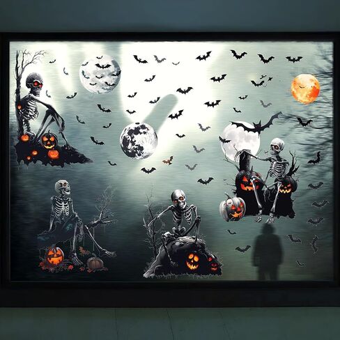 4 Sheets Halloween Window Clings Stickers, Skeleton Skull Pumpkin Lantern Bats Moon Film Decals Black Horror Peel and Stick DIY Scary Silhouette Decorations Party Supplie for Indoor/Outdoor Use in Saudi Arabia