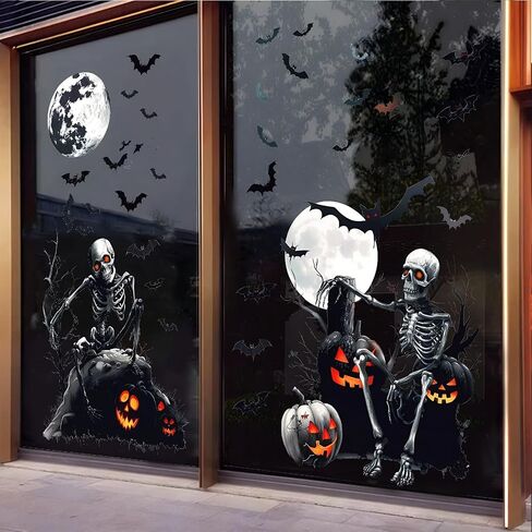 4 Sheets Halloween Window Clings Stickers, Skeleton Skull Pumpkin Lantern Bats Moon Film Decals Black Horror Peel and Stick DIY Scary Silhouette Decorations Party Supplie for Indoor/Outdoor Use in Saudi Arabia