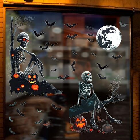 4 Sheets Halloween Window Clings Stickers, Skeleton Skull Pumpkin Lantern Bats Moon Film Decals Black Horror Peel and Stick DIY Scary Silhouette Decorations Party Supplie for Indoor/Outdoor Use in Saudi Arabia