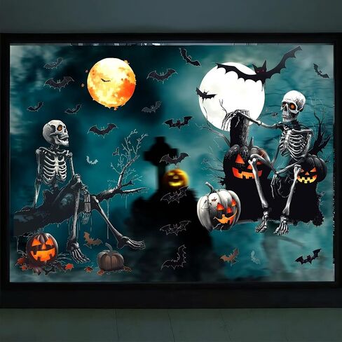 4 Sheets Halloween Window Clings Stickers, Skeleton Skull Pumpkin Lantern Bats Moon Film Decals Black Horror Peel and Stick DIY Scary Silhouette Decorations Party Supplie for Indoor/Outdoor Use in Saudi Arabia