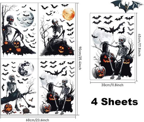 4 Sheets Halloween Window Clings Stickers, Skeleton Skull Pumpkin Lantern Bats Moon Film Decals Black Horror Peel and Stick DIY Scary Silhouette Decorations Party Supplie for Indoor/Outdoor Use in Saudi Arabia