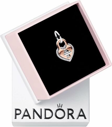 PANDORA Moments Two-Tone Twistable Heart Padlock Double Dangle Charm - Sterling Silver and 14K Rose Gold-Plated Charm with Cubic Zirconia - Jewelry for Women - Includes Gift Box in Saudi Arabia