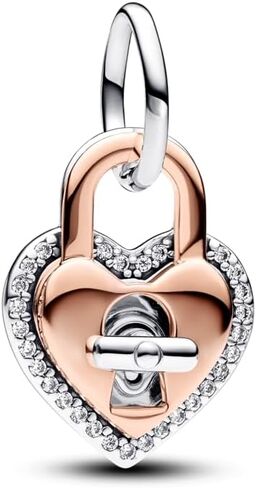PANDORA Moments Two-Tone Twistable Heart Padlock Double Dangle Charm - Sterling Silver and 14K Rose Gold-Plated Charm with Cubic Zirconia - Jewelry for Women - Includes Gift Box in Saudi Arabia