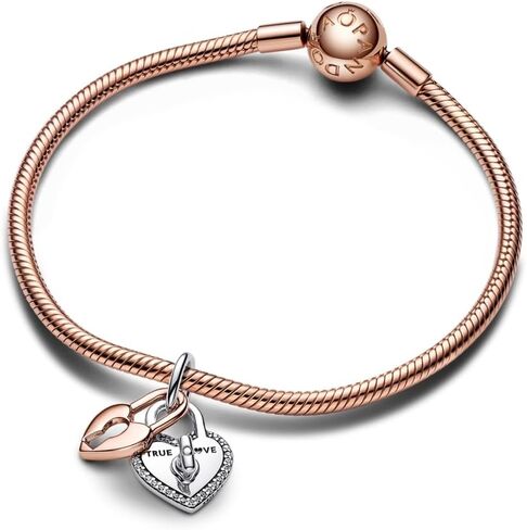 PANDORA Moments Two-Tone Twistable Heart Padlock Double Dangle Charm - Sterling Silver and 14K Rose Gold-Plated Charm with Cubic Zirconia - Jewelry for Women - Includes Gift Box in Saudi Arabia